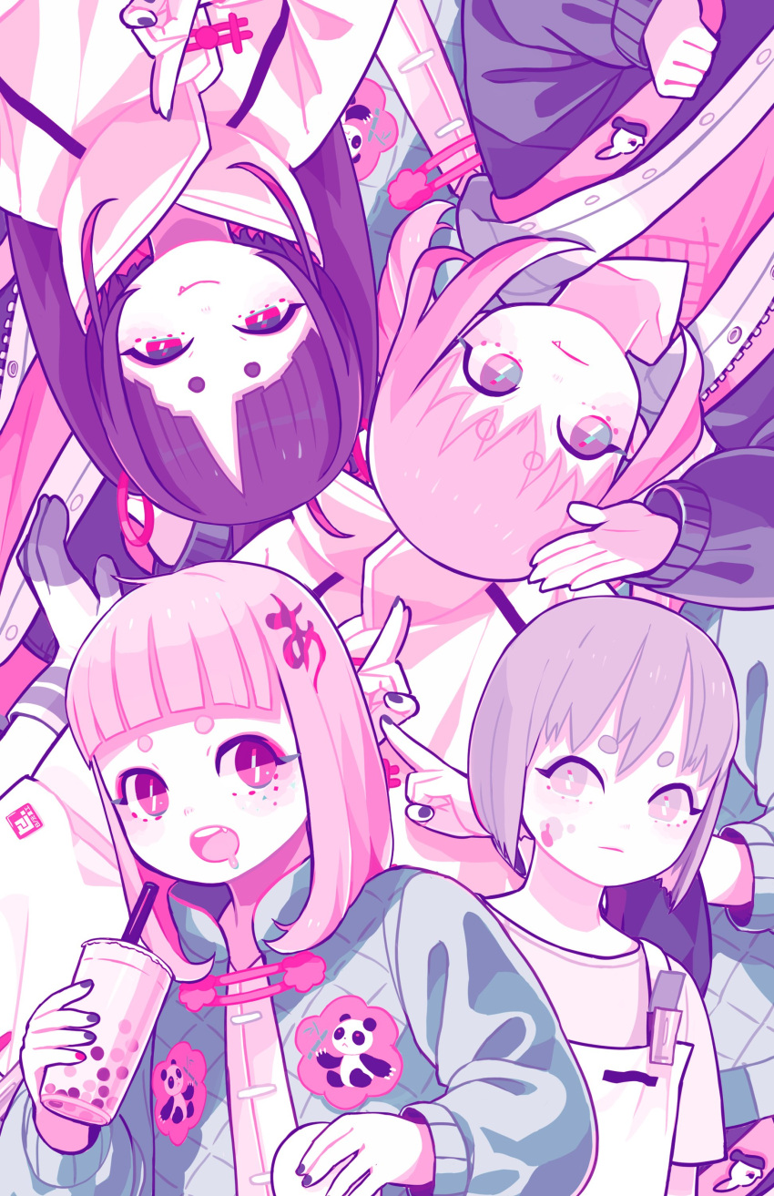 6+girls absurdres black_hair black_nails bubble_tea drink drinking_straw fang hakuro96 highres lavender_eyes limited_palette long_hair long_sleeves looking_at_viewer medium_hair multiple_girls nail_polish open_mouth original panda pink_hair purple_hair red_eyes saliva short_eyebrows short_hair upper_body