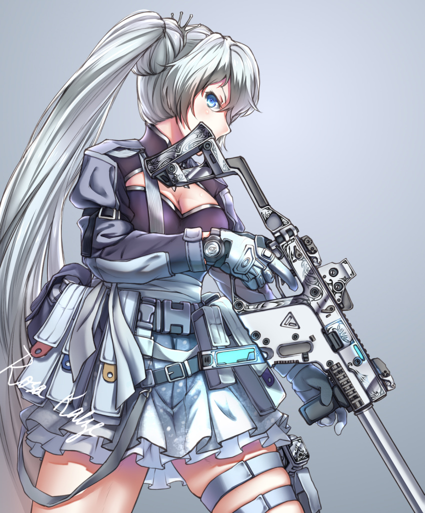 1girl angry blue_eyes cleavage_cutout finger_on_trigger gloves gun highres kriss_vector long_hair long_sleeves looking_at_viewer ponytail pouch rosakatze rwby skindentation skirt submachine_gun thick_thighs thighs weapon weiss_schnee white_hair