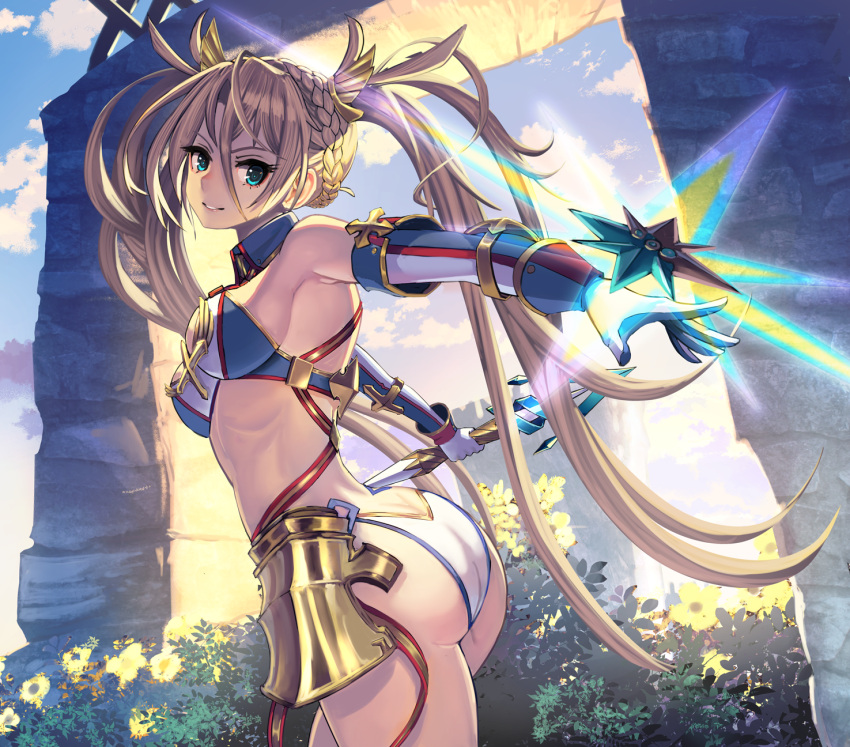 1girl armpits ass back bangs bare_shoulders blonde_hair blue_eyes blue_sky blush bradamante_(fate/grand_order) braid breasts butt_crack clouds commentary_request day elbow_gloves eyebrows_visible_through_hair fate/grand_order fate_(series) fingerless_gloves french_braid gloves hair_between_eyes hair_ornament highres kazto_furuya leaf leotard long_hair looking_at_viewer looking_back medium_breasts open_mouth outdoors polearm sky smile solo spear standing tree twintails very_long_hair weapon