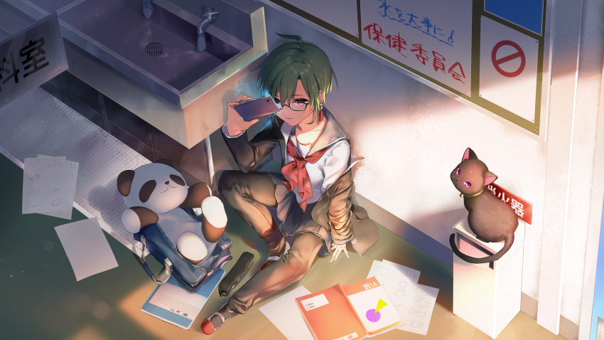 1other absurdres against_wall ahoge androgynous ayamori_mimi bag bangs black_cat cat cellphone commentary earrings eyebrows_visible_through_hair from_above full_body gakuran glasses green_hair hallway highres holding holding_phone indoors jacket jacket_removed jewelry long_sleeves looking_at_viewer nijisanji notebook parted_lips phone red_neckwear ryuushen sailor_collar school_bag school_uniform serafuku short_hair sink sitting_on_floor smartphone smile stuffed_animal stuffed_panda stuffed_toy textbook violet_eyes virtual_youtuber