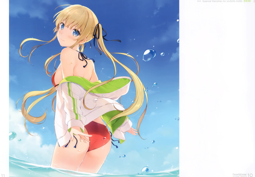 1girl 6u_(eternal_land) absurdres ass bangs bare_shoulders bikini blonde_hair blue_eyes blue_sky blush breasts clouds day eyebrows_visible_through_hair hair_ribbon highres jacket long_hair looking_at_viewer looking_back navel off_shoulder open_clothes open_jacket outdoors red_bikini ribbon saenai_heroine_no_sodatekata sawamura_spencer_eriri scan side-tie_bikini signature sky small_breasts smile solo swimsuit twintails wading water water_drop