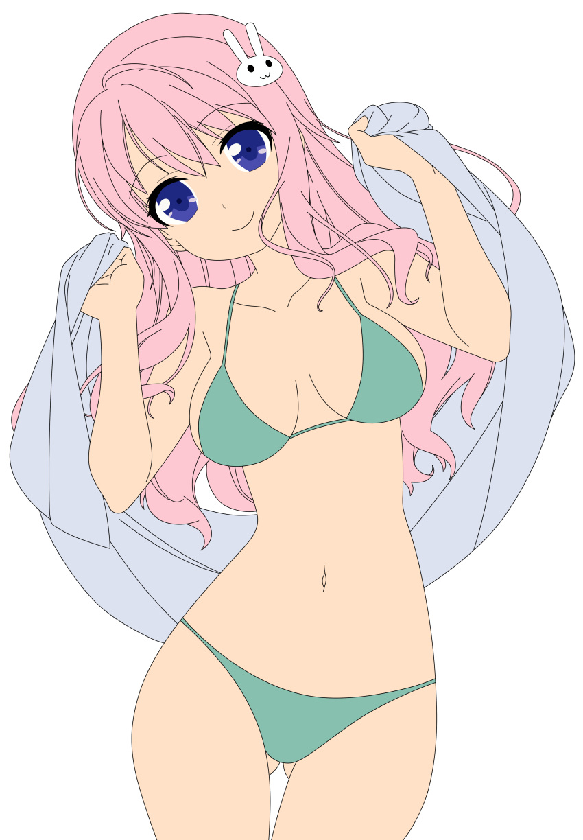 1girl absurdres artist_request baka_to_test_to_shoukanjuu bare_midriff blue_eyes breasts cleavage female hair_ornament hairclip highres himeji_mizuki hips legs long_hair looking_at_viewer navel open_mouth photoshop pink_hair solo standing thighs tongue transparent_background vector_trace