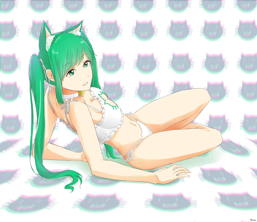 1girl animal_ears bell bra breasts cat_cutout cat_ears cat_lingerie chromatic_aberration cinderella_bust cleavage cleavage_cutout collar eyebrows_visible_through_hair frilled_bra frills green_eyes green_hair hair_ribbon highres jingle_bell long_hair medium_breasts meme_attire navel original panties parted_lips ribbon saruno_(eyesonly712) side-tie_panties smile solo twintails underwear underwear_only very_long_hair white_bra white_panties white_ribbon