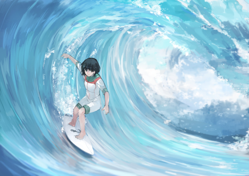1girl adapted_costume anchor_symbol bangs barefoot black_hair breasts commentary_request full_body green_eyes ichiba_youichi looking_at_viewer murasa_minamitsu no_hat no_headwear ocean one-piece_swimsuit outdoors short_hair short_sleeves shorts small_breasts smile solo standing surfboard surfing swimsuit touhou waves white_swimsuit