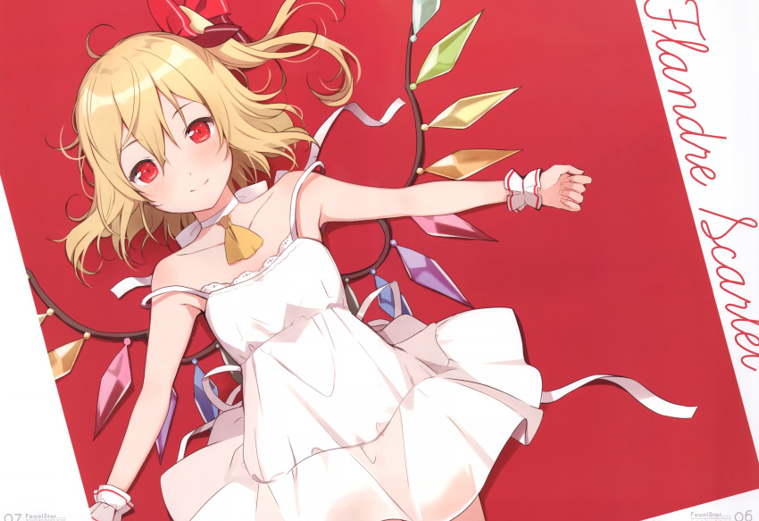 1girl 6u_(eternal_land) absurdres alternate_costume ascot bangs bare_arms bare_shoulders blonde_hair blush character_name choker collarbone cowboy_shot crystal dress eyebrows_visible_through_hair flandre_scarlet hair_between_eyes hair_ribbon highres huge_filesize looking_at_viewer lying no_hat no_headwear on_back one_side_up page_number red_background red_eyes red_ribbon ribbon scan shadow short_hair smile solo strap_slip touhou two-tone_background white_background white_choker white_dress wings wrist_cuffs yellow_neckwear