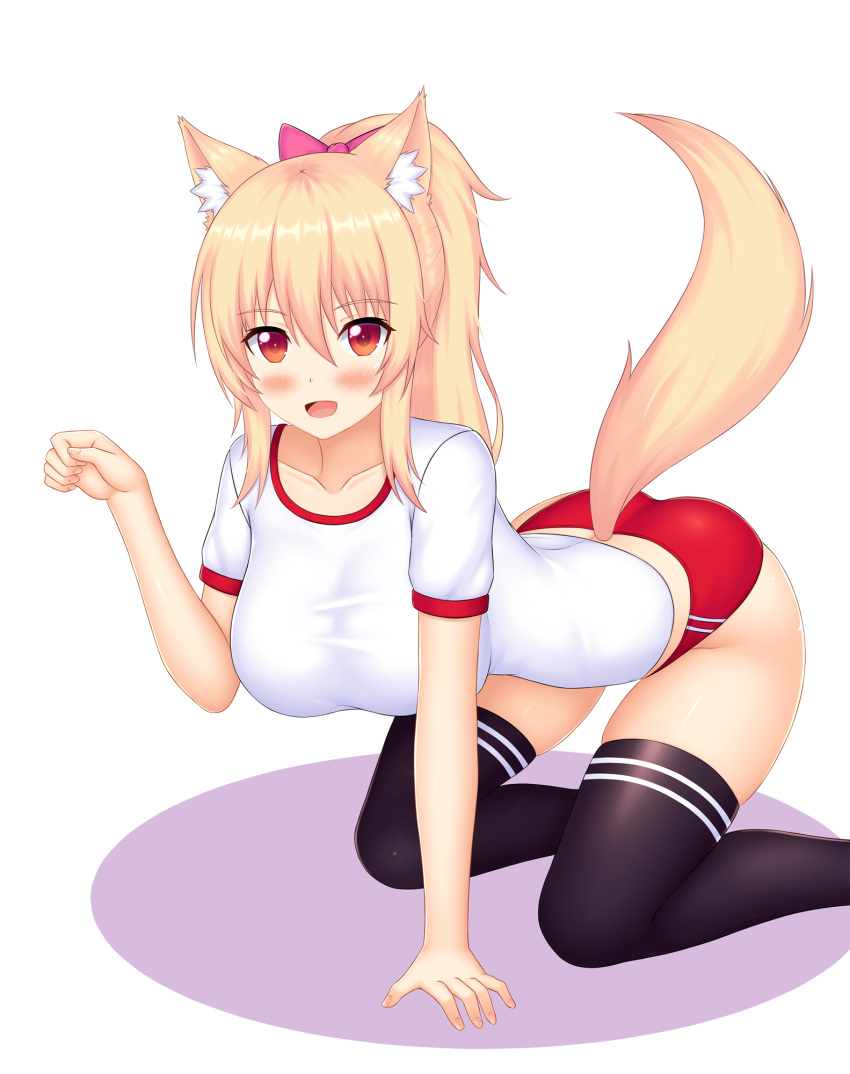 1girl all_fours animal_ear_fluff animal_ears blonde_hair blush borrowed_character bow breasts buruma cat_ears cat_tail eyebrows_visible_through_hair grey_background gym_uniform hair_bow highres keshigomu large_breasts long_hair looking_at_viewer open_mouth original paw_pose ponytail red_eyes simple_background slit_pupils solo tail thigh-highs tiffy