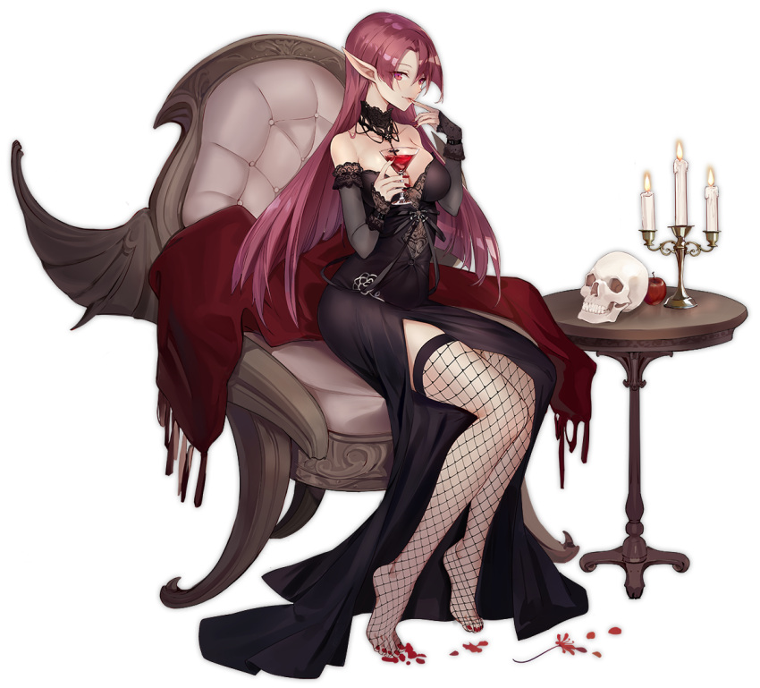 1girl alternate_costume azur_lane bangs barefoot black_dress black_gloves blue_eyes blush breasts chair choker cleavage cup detached_sleeves dress drinking_glass duke_of_york_(azur_lane) earrings enka_(bcat) finger_to_mouth fishnet_legwear fishnets gloves hair_between_eyes holding holding_cup jewelry lace-trimmed_sleeves large_breasts long_hair looking_at_viewer nail_polish official_art parted_lips pink_hair pointy_ears red_nails sitting skull smile solo table thigh-highs transparent_background vampire wine_glass