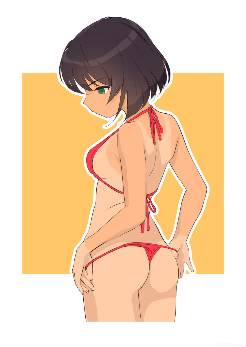 1girl adjusting_clothes adjusting_swimsuit akagi_(fmttps) ass bikini border breasts brown_hair cropped_legs girls_und_panzer green_eyes highres hoshino_(girls_und_panzer) outside_border red_bikini short_hair small_breasts solo swimsuit tan tanline thighs white_border