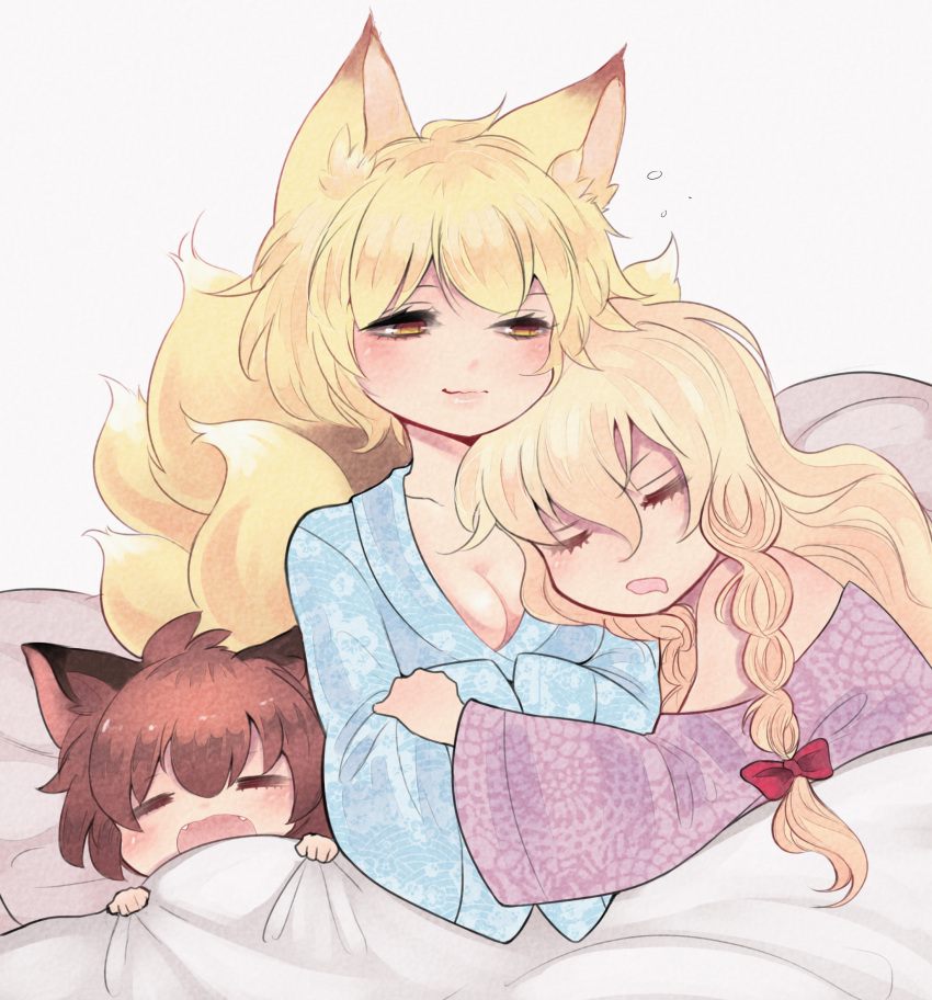 3girls alternate_hairstyle animal_ears baby.lemon bangs blue_robe blush bow braid breasts brown_hair cat_ears chen cleavage closed_eyes fangs_out floral_print fox_ears fox_tail hair_between_eyes hair_bow half-closed_eyes hands_together highres light_smile long_hair long_sleeves looking_down lying multiple_girls multiple_tails no_hat no_headwear off-shoulder_shirt off_shoulder on_back on_side open_mouth patterned_clothing pillow pink_lips purple_shirt shiny shiny_hair shirt short_hair simple_background single_braid sitting sleeping smile tail touhou under_covers very_long_hair white_background wide_sleeves yakumo_ran yakumo_yukari yellow_eyes