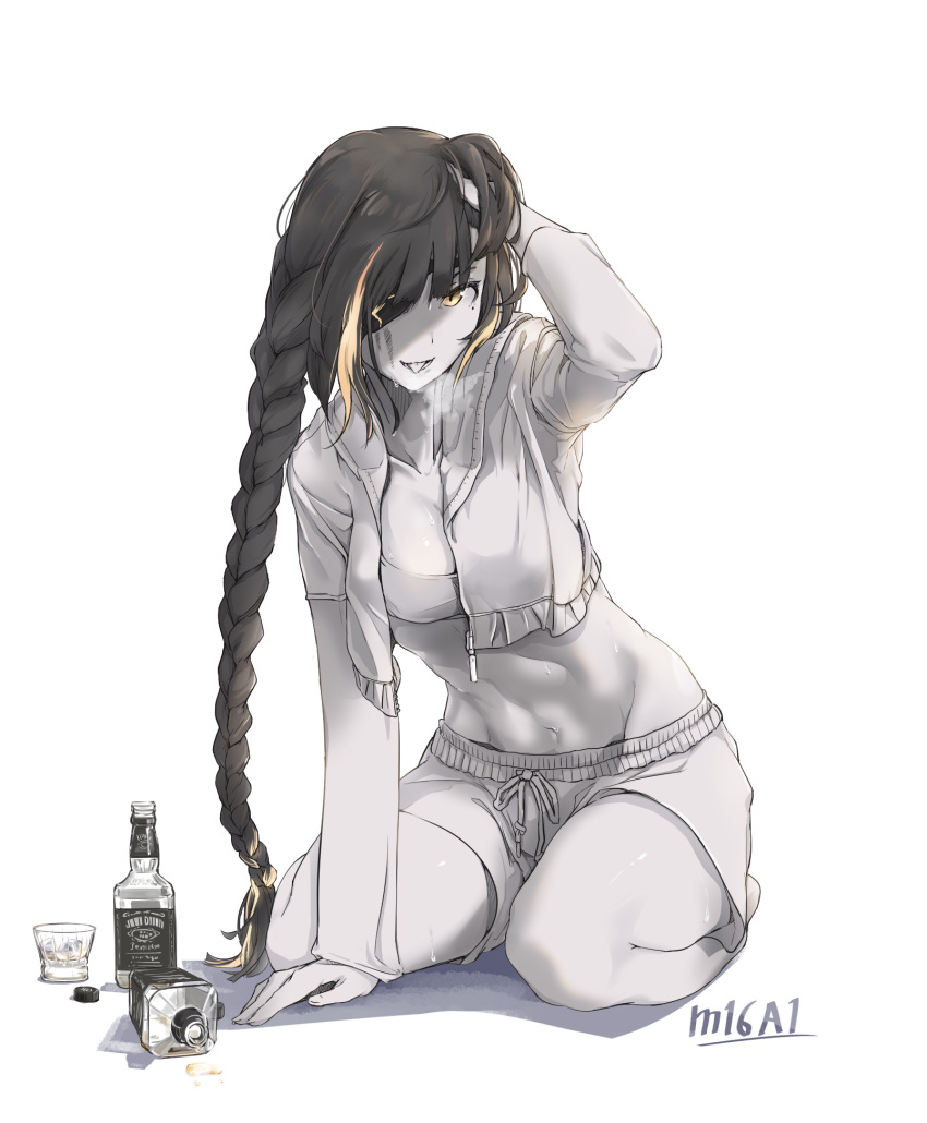 1girl alcohol arm_support black_hair blonde_hair bottle breasts commentary crop_top eyepatch fpdlenl011 girls_frontline hand_in_hair highres jack_daniel's limited_palette long_braid m16a1_(girls_frontline) multicolored_hair short_shorts shorts sitting solo streaked_hair sweat tongue tongue_out visible_air wariza whiskey white_background yellow_eyes