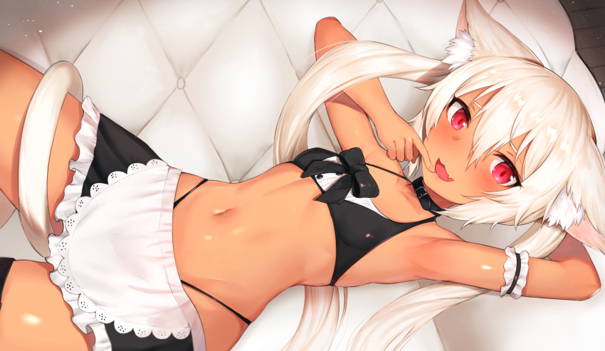 1girl :3 :d animal_ear_fluff animal_ears apron arm_behind_head arm_garter armpits between_legs black_bow black_legwear black_skirt blush bow breasts buckle cat_ears cat_girl cat_tail collar commentary_request dark_skin fang finger_to_mouth frilled_skirt frills from_above hair_between_eyes highres long_hair looking_at_viewer mathew_(srmmk_mce) mattress miniskirt navel open_mouth original pink_eyes skindentation skirt small_breasts smile solo stomach tail thigh-highs thong twintails waist_apron white_apron white_hair