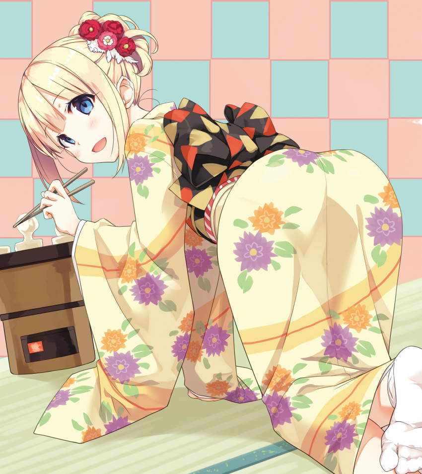 1girl :d all_fours ass bangs blonde_hair blue_eyes blush checkered checkered_background chopsticks cura dutch_angle eyebrows_visible_through_hair fanbox_reward floral_print flower hair_flower hair_ornament highres hinai_paulette holding holding_chopsticks japanese_clothes kimono long_sleeves looking_at_viewer looking_back maitetsu mochi no_shoes obi on_floor open_mouth paid_reward print_kimono red_flower sash sidelocks smile socks soles solo tatami white_legwear wide_sleeves yellow_kimono