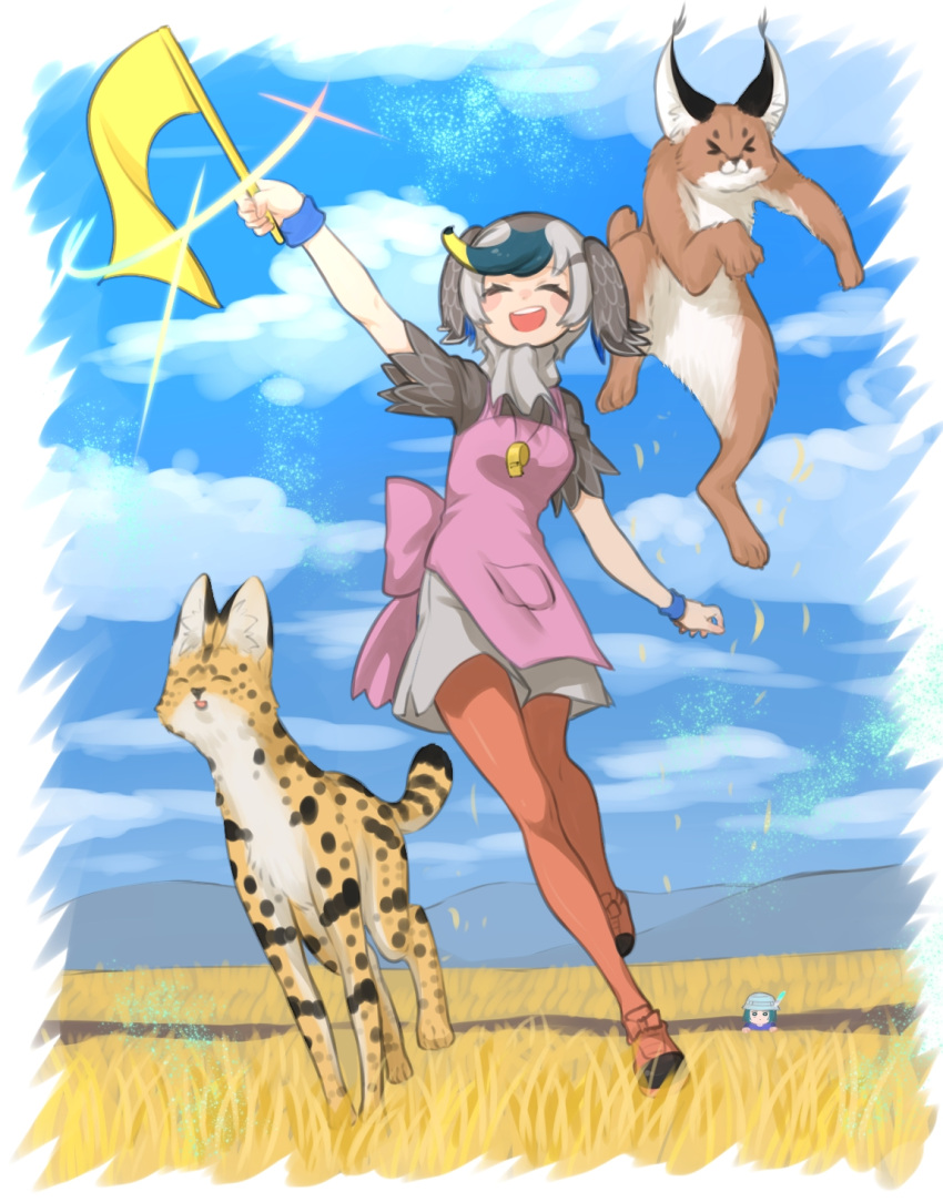 &gt;_&lt; 2girls :3 :d :o animalization apron blue_shirt blush_stickers brown_hair brown_shirt caracal caracal_(kemono_friends) closed_eyes commentary_request day field flag full_body grass green_hair grey_hair hair_over_face hat_feather helmet highres jumping kemono_friends kyururu_(kemono_friends) multiple_girls notora open_mouth pink_apron pith_helmet red_footwear red_legwear scarf serval serval_(kemono_friends) shirt short_sleeves skirt smile spot-billed_duck_(kemono_friends) stuck whistle white_scarf white_skirt wristband