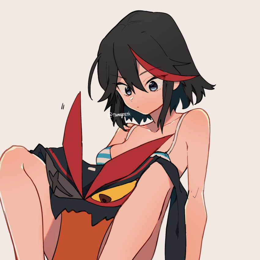 1girl arm_support bangs black_blouse black_hair blouse blue_bra blue_eyes bra closed_mouth commentary eyebrows_visible_through_hair grey_background hair_up highlights highres kill_la_kill leaning_back light_frown living_clothes long_sleeves looking_at_another looking_down mittsun motion_lines multicolored_hair neckerchief red_neckwear redhead school_uniform senketsu serafuku shirt_removed short_hair simple_background sitting solo straddling streaked_hair striped striped_bra symbol_commentary twitter_username two-tone_hair underwear underwear_only