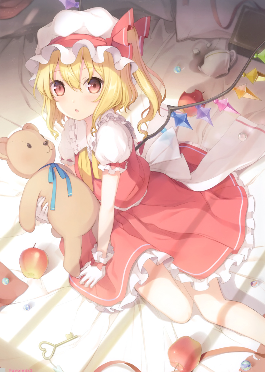 1girl 6u_(eternal_land) absurdres apple arm_support ascot bangs blonde_hair blue_neckwear blue_ribbon blush book bow broken crystal cup eyebrows_visible_through_hair feet_out_of_frame flandre_scarlet food frilled_shirt_collar frills from_above fruit gloves hair_between_eyes hat hat_ribbon highres holding holding_stuffed_animal key looking_at_viewer marble mob_cap neck_ribbon on_bed one_side_up parted_lips petticoat pillow puffy_short_sleeves puffy_sleeves red_bow red_eyes red_ribbon red_skirt red_vest ribbon sash scan shadow shirt short_hair short_sleeves sitting skirt skirt_set solo stuffed_animal stuffed_toy teacup teddy_bear thighs touhou vest white_gloves white_hat white_shirt wings yellow_neckwear