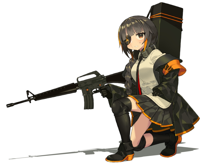 1girl assault_rifle asymmetrical_legwear bangs black_gloves black_hair braid breasts eyebrows_visible_through_hair eyepatch girls_frontline gloves gun headphones headphones_around_neck holding holding_gun holding_weapon itsumo_nokoru jacket knee_pads long_hair m16a1 m16a1_(girls_frontline) multicolored_hair necktie one_knee open_mouth rifle scar shadow simple_background single_braid skirt solo streaked_hair sweat weapon white_background