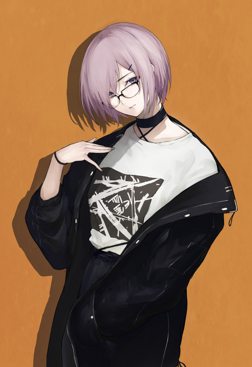 1girl alternate_costume bangs black-framed_eyewear black_choker black_jacket black_skirt brown_background choker closed_mouth commentary_request drop_shadow eyebrows_visible_through_hair fate/grand_order fate_(series) glasses hair_ornament hair_over_one_eye hairclip hand_in_pocket head_tilt highres jacket long_sleeves looking_at_viewer marumoru mash_kyrielight open_clothes open_jacket puffy_long_sleeves puffy_sleeves purple_hair shirt short_hair skirt solo violet_eyes white_shirt