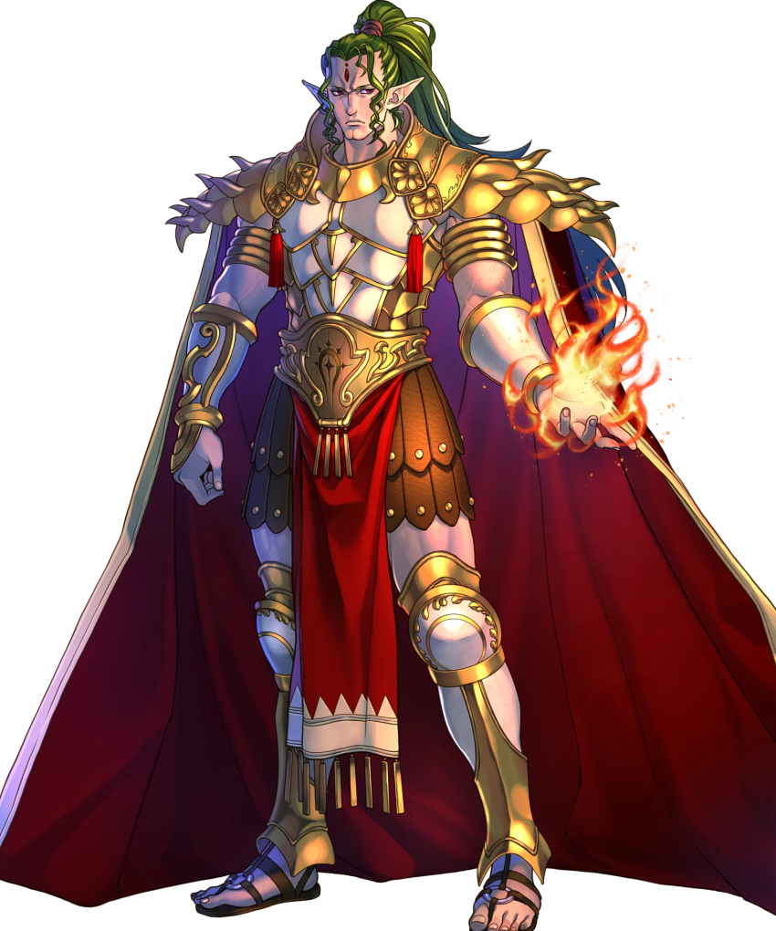 1boy armor cape doma_(fire_emblem) facial_mark fire fire_emblem fire_emblem_echoes:_mou_hitori_no_eiyuuou fire_emblem_heroes forehead_mark full_body highres long_hair male_focus nintendo official_art pointy_ears ponytail sandals solo transparent_background violet_eyes yoneko_okome99