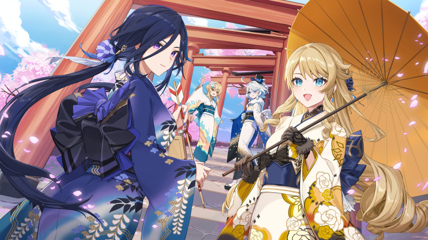 4girls absurdres ahoge alternate_costume arrow_(projectile) asymmetrical_gloves back_bow black_bow black_gloves black_headwear blonde_hair blue_eyes blue_hair blue_kimono bow clorinde_(genshin_impact) closed_mouth commentary_request drill_hair floral_print flower furina_(genshin_impact) genshin_impact gloves hair_between_eyes hair_flower hair_ornament hand_up hat highres holding holding_arrow holding_umbrella japanese_clothes kimono kirara_(genshin_impact) long_hair long_sleeves lumine_(genshin_impact) mismatched_gloves multiple_girls navia_(genshin_impact) open_mouth outdoors purple_hair short_hair_with_long_locks smile socks standing tabi top_hat umbrella white_gloves white_kimono white_socks wide_sleeves yellow_eyes yu-ri