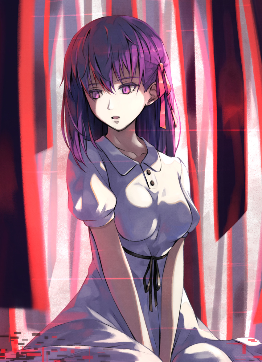 1girl bangs between_legs black_ribbon breasts collarbone collared_dress commentary_request dress fate/stay_night fate_(series) hair_ribbon hand_between_legs heaven's_feel highres long_hair looking_away looking_down looking_to_the_side matou_sakura medium_breasts open_mouth pale_skin pink_ribbon purple_hair ribbon shaded_face shinkami_hiroki short_sleeves sitting solo violet_eyes white_dress
