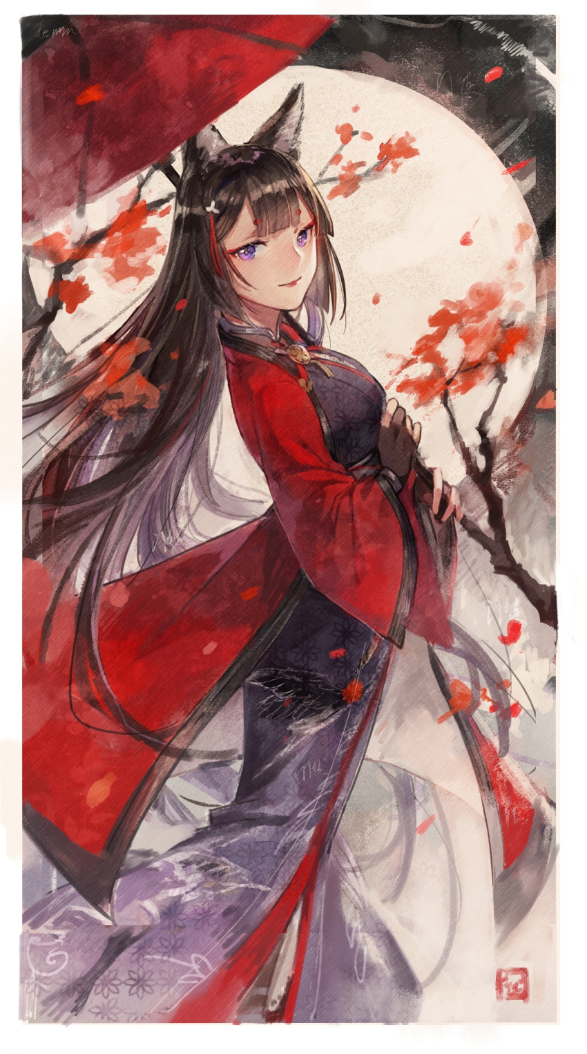 1girl amagi_(azur_lane) animal_ears azur_lane bangs black_hair black_kimono breasts closed_mouth eyebrows_visible_through_hair eyeshadow feet_out_of_frame fox_ears fox_girl fox_tail from_side full_moon hair_ornament happi highres holding holding_umbrella japanese_clothes kimono long_sleeves looking_at_viewer looking_to_the_side makeup medium_breasts mento moon open_clothes oriental_umbrella short_eyebrows signature smile solo standing straight_hair tail tree_branch tsurime umbrella violet_eyes wide_sleeves