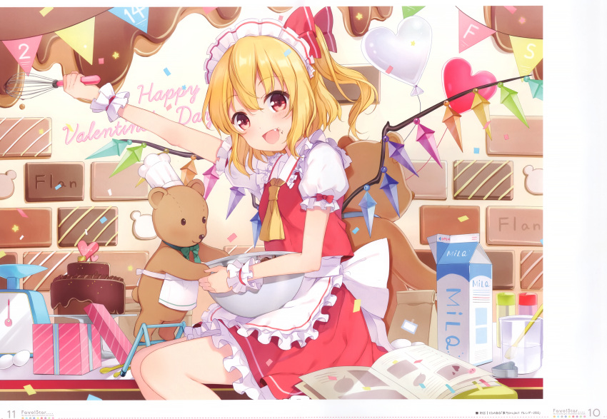 1girl 6u_(eternal_land) :d absurdres apron arm_up ascot bag balloon bangs blonde_hair blush book bow bowl bowtie box cake chef_hat confetti dated egg eyebrows_visible_through_hair fang feet_out_of_frame flandre_scarlet food frilled_apron frilled_shirt_collar frills gift gift_box green_bow green_neckwear hair_between_eyes hair_ribbon happy_valentine hat heart heart_balloon highres holding holding_bowl huge_filesize indoors looking_at_viewer maid_apron maid_headdress milk_carton miniskirt open_mouth page_number paper_bag petticoat puffy_short_sleeves puffy_sleeves red_eyes red_ribbon red_skirt red_vest ribbon scan shirt short_sleeves sitting skirt skirt_set smile solo spoon string_of_flags stuffed_animal stuffed_toy teddy_bear thighs touhou vest waist_apron weighing_scale whisk white_apron white_shirt wrist_cuffs yellow_neckwear