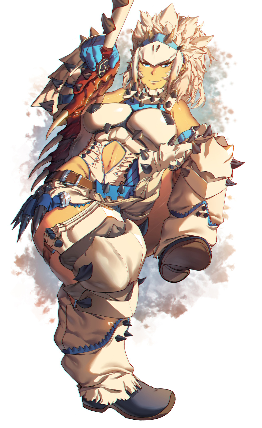1girl absurdres armor barioth_(armor) blue_eyes boots breasts chaps dark_skin eureka_brider full_body helmet highres huge_weapon large_breasts leotard long_hair monster_hunter navel navel_cutout pasties pelvic_curtain planted_weapon smile solo spikes spiky_hair weapon white_hair