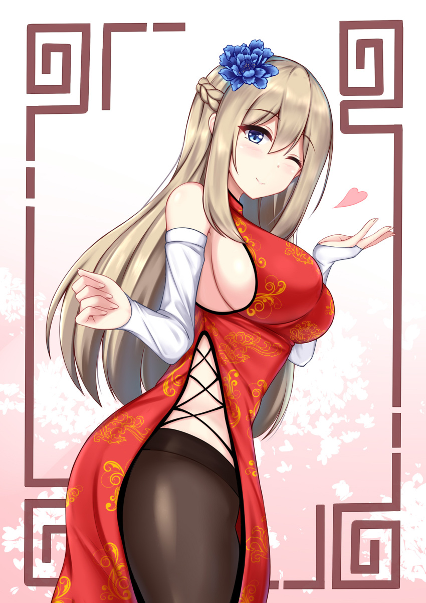 1girl alternate_costume bare_shoulders black_legwear blonde_hair blue_eyes blue_flower braid breasts china_dress chinese_clothes dress elbow_gloves flower french_braid from_side gloves hair_between_eyes hair_flower hair_ornament heart highres large_breasts lexington_(warship_girls_r) one_eye_closed pantyhose side_slit sideboob sidelocks sleeveless smile solo warship_girls_r white_gloves xiao_qi
