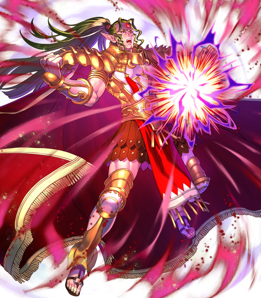 1boy armor cape doma_(fire_emblem) electricity facial_mark fire_emblem fire_emblem_echoes:_mou_hitori_no_eiyuuou fire_emblem_heroes forehead_mark full_body highres long_hair male_focus nintendo official_art open_mouth pointy_ears ponytail red_eyes sandals solo teeth yoneko_okome99