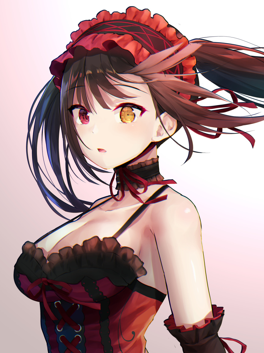 1girl bare_shoulders black_hair blush breasts cleavage clock_eyes commentary_request date_a_live dress floating_hair hairband heterochromia highres lolita_fashion lolita_hairband long_hair looking_at_viewer medium_breasts oekakizuki open_mouth red_eyes ribbon solo symbol-shaped_pupils tokisaki_kurumi twintails upper_body wind yellow_eyes