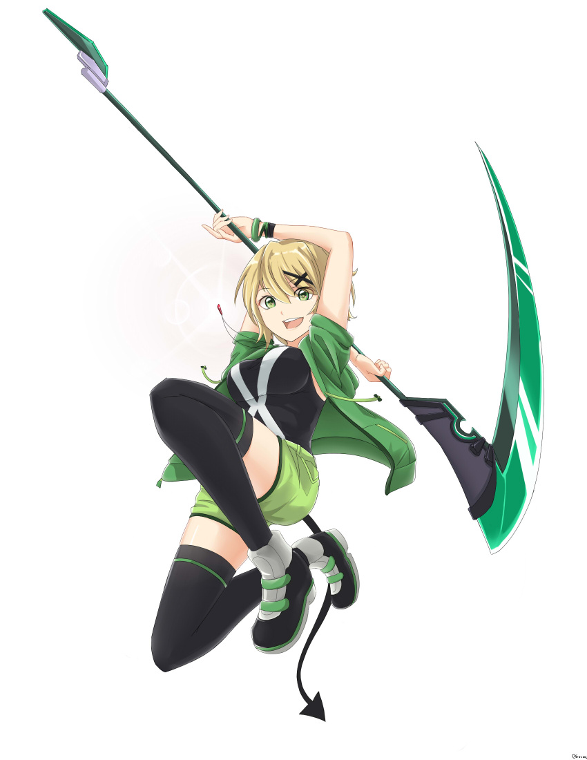 1girl :d akatsuki_kirika arm_up black_legwear black_shirt blonde_hair boots bracelet breasts demon_tail green_eyes green_jacket hair_ornament highres holding holding_scythe jacket jewelry looking_at_viewer medium_breasts open_clothes open_jacket open_mouth saruno_(eyesonly712) scythe senki_zesshou_symphogear shirt short_hair short_shorts short_sleeves shorts simple_background smile tail thigh-highs white_background zettai_ryouiki