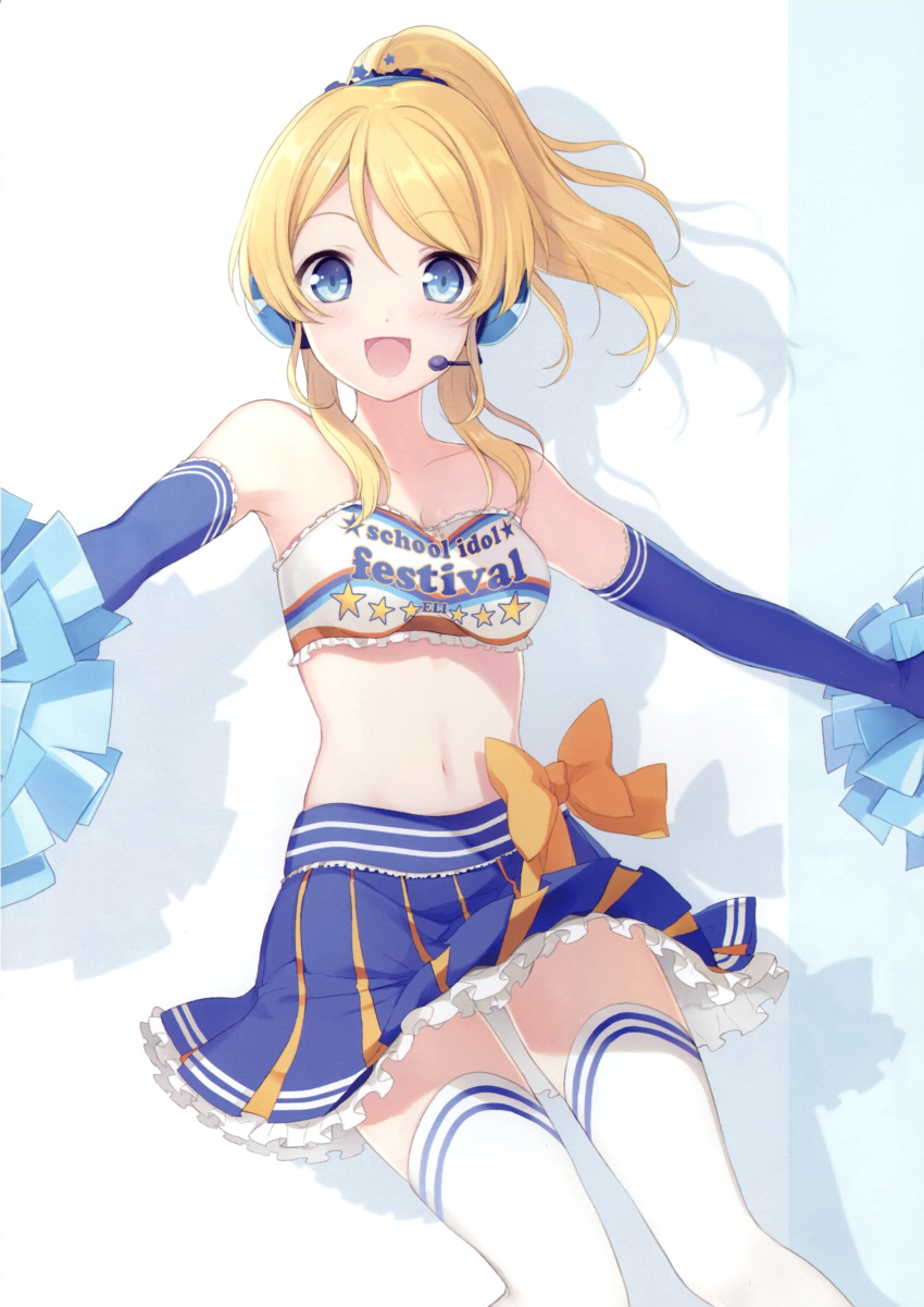 1girl 6u_(eternal_land) absurdres ayase_eli bangs bare_shoulders blonde_hair blue_eyes blue_gloves blush breasts character_name cheerleader collarbone dual_wielding elbow_gloves eyebrows_visible_through_hair frills gloves headset highres holding long_hair love_live! love_live!_school_idol_project medium_breasts midriff miniskirt navel open_mouth pom_poms scan shadow shiny shiny_hair simple_background skirt solo strapless thigh-highs tubetop white_legwear zettai_ryouiki