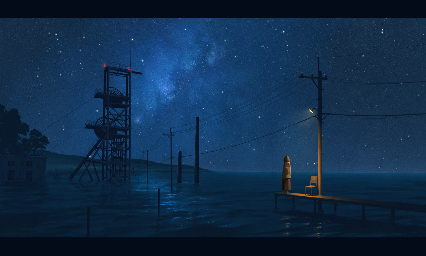 1girl brown_coat brown_hair brown_skirt building chair coat commentary_request facing_away flood highres horizon lamppost letterboxed long_skirt milky_way night night_sky ocean original outdoors pier pochi_(poti1990) power_lines skirt sky solo standing star_(sky) starry_sky telephone_pole tree very_wide_shot water
