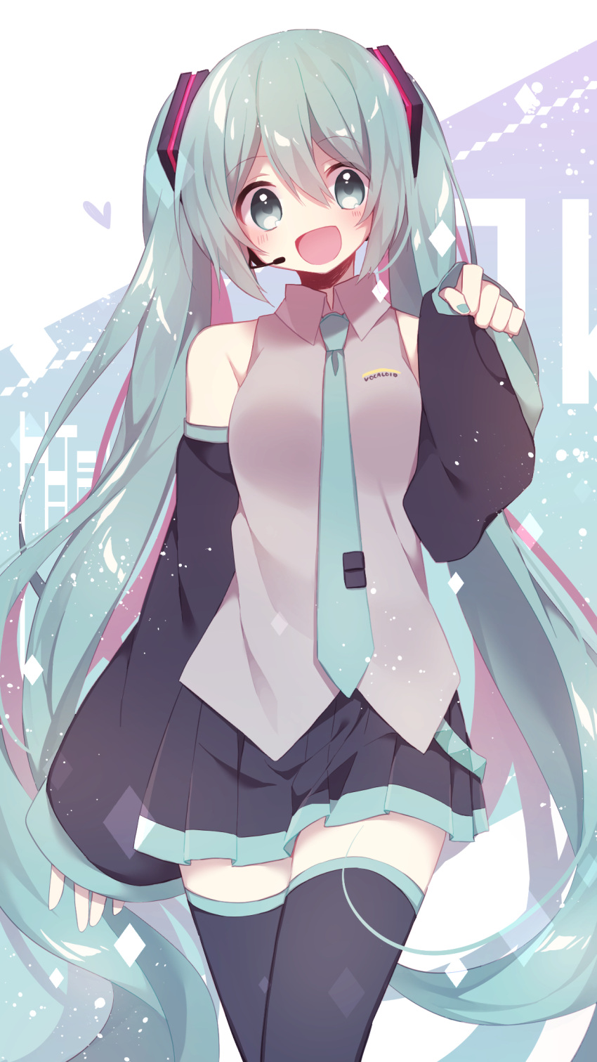 1girl :d aqua_eyes aqua_hair aqua_nails aqua_neckwear black_legwear black_skirt blush clenched_hand clothes_writing collared_shirt copyright_name detached_sleeves grey_shirt hand_up hatsune_miku hazakura_chikori headset heart highres long_hair looking_at_viewer miniskirt nail_polish necktie open_mouth pleated_skirt shirt skirt sleeves_past_wrists smile solo thigh-highs tie_clip twintails very_long_hair vocaloid