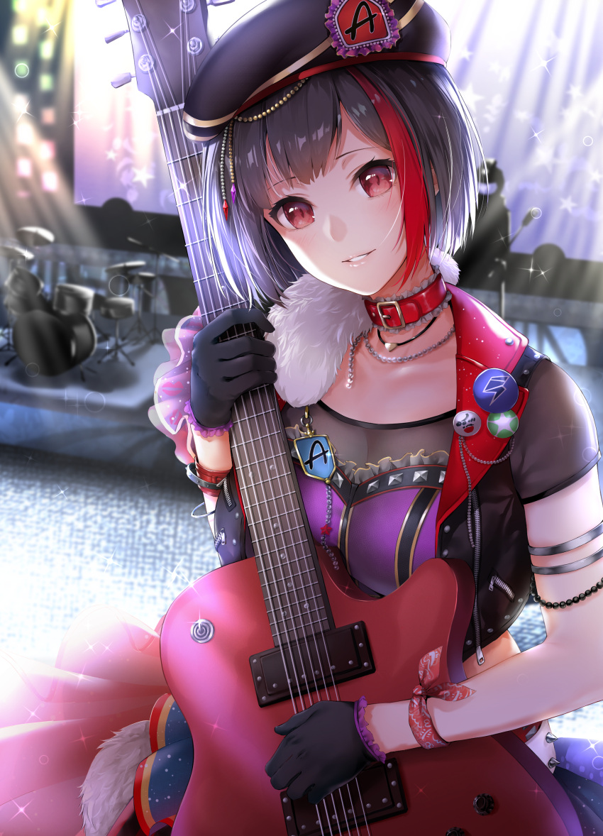 1girl absurdres arm_strap armlet badge bang_dream! bangs belt beret black_gloves black_hair black_jacket blush bow bracelet breasts chains choker cropped_jacket drum drum_set electric_guitar gloves guitar hat highres instrument jacket jewelry khanka_shui light_smile mitake_ran multicolored_hair necklace open_clothes open_jacket overhang parted_lips red_bow red_choker red_eyes redhead screen short_hair short_sleeves skirt smile solo stage streaked_hair studded_belt teeth