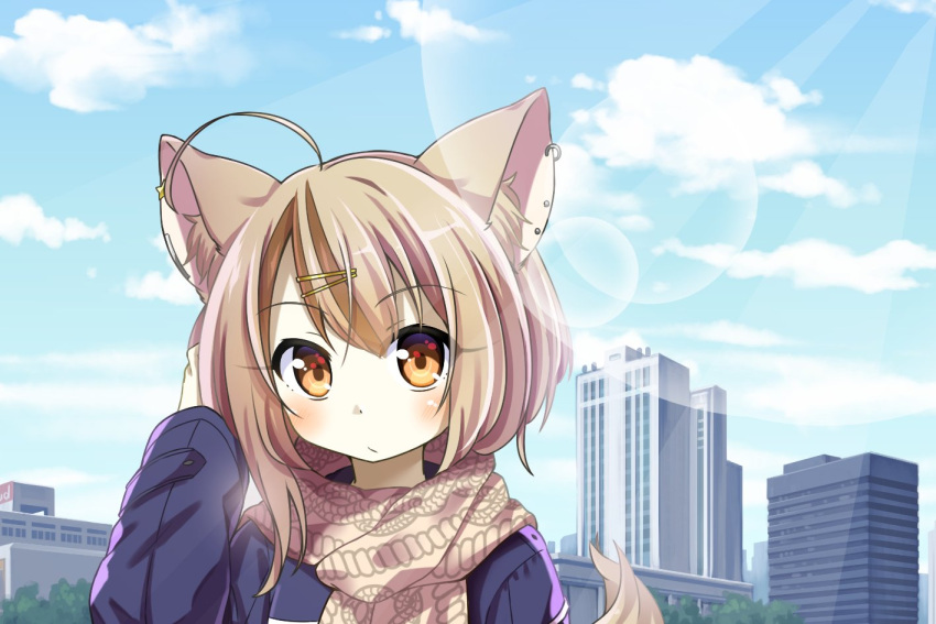 ahoge animal_ear_fluff animal_ears blue_jacket blue_sky brown_hair building chaakusu cityscape clouds commentary day ear_clip ear_piercing expressionless fennery_(show_by_rock!!) fox_ears fox_tail hair_ornament hairclip jacket lens_flare light_brown_hair multicolored_hair orange_eyes piercing scarf short_hair show_by_rock!! sky tail two-tone_hair upper_body
