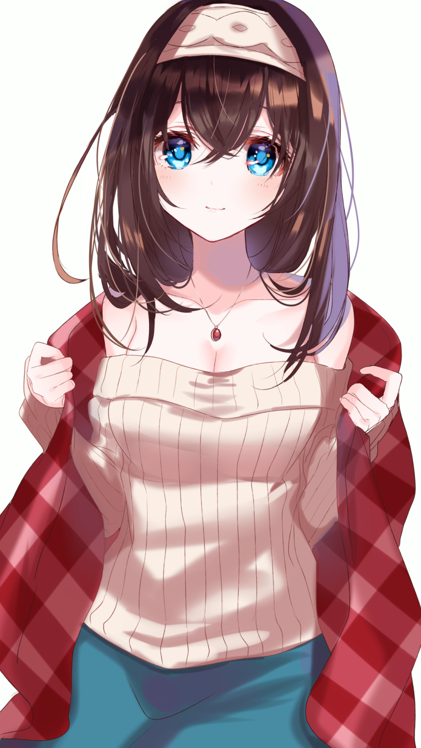 1girl bare_shoulders blue_eyes blue_skirt brown_hair checkered collarbone hairband highres idolmaster idolmaster_cinderella_girls jewelry long_hair looking_at_viewer misumi_(macaroni) off-shoulder_sweater pendant ribbed_sweater sagisawa_fumika shawl skirt smile sweater