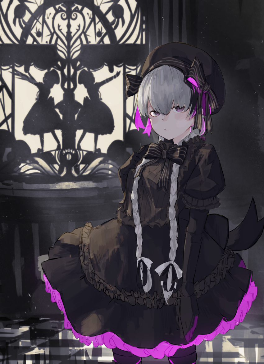 1girl bangs beret black_bow black_footwear black_gloves black_hat black_legwear bow braid breasts checkered checkered_floor closed_mouth commentary_request doll_joints elbow_gloves eyebrows_behind_hair fate/extra fate_(series) gloves gothic_lolita grey_hair hair_between_eyes hand_up hat hat_bow highres indoors kuronoiparoma lolita_fashion long_hair low_twintails nursery_rhyme_(fate/extra) pantyhose small_breasts solo striped striped_bow twin_braids twintails very_long_hair violet_eyes