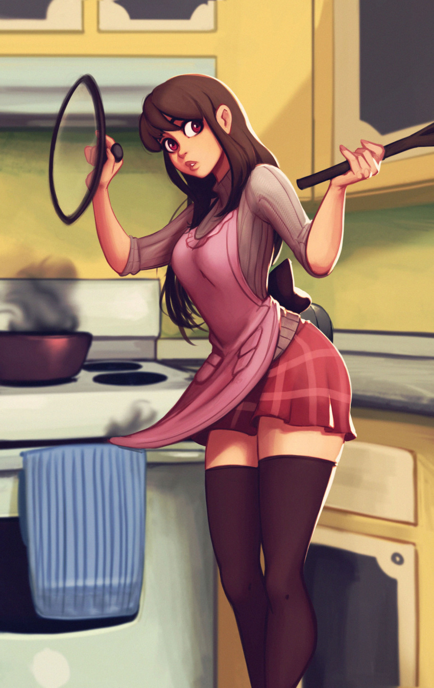 1girl absurdres apron breasts brown_eyes brown_hair carlos_eduardo character_request cooking copyright_request feet_out_of_frame from_side highres holding holding_spoon lid long_hair oven parted_lips pink_apron plaid plaid_skirt pot red_skirt skirt smoke solo spoon standing thigh-highs zettai_ryouiki