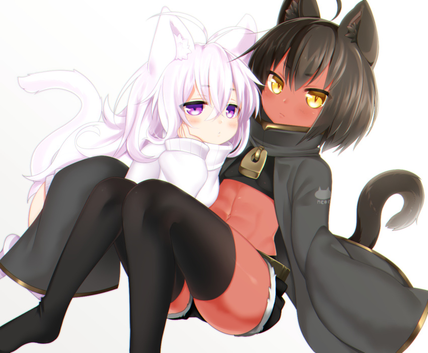 2girls :&lt; ahoge animal_ear_fluff animal_ears animal_print arm_support black_hair cat_ears cat_girl cat_print cat_tail chin_rest dark_skin expressionless jacket kuro_(mofuaki) long_hair long_sleeves mofuaki multiple_girls navel original shiro_(mofuaki) short short_hair short_shorts shorts striped striped_legwear sweater tail thigh-highs violet_eyes white_hair wide_sleeves yellow_eyes