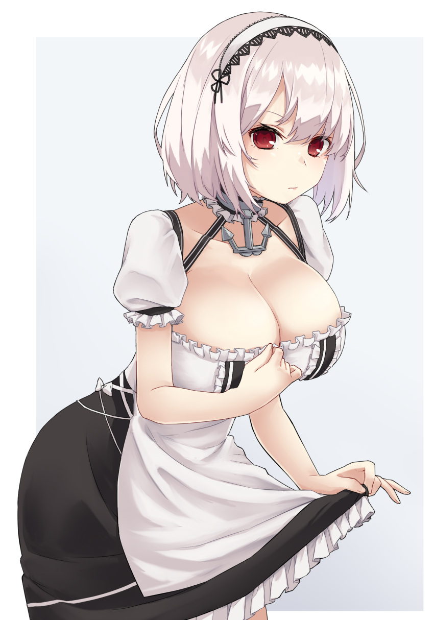 1girl anchor_necklace apron azur_lane breasts choker cleavage collarbone eyebrows_visible_through_hair frilled_apron frilled_sleeves frills highres large_breasts looking_at_viewer maid namec0 red_eyes short_hair short_sleeves silver_hair sirius_(azur_lane) skirt skirt_lift solo