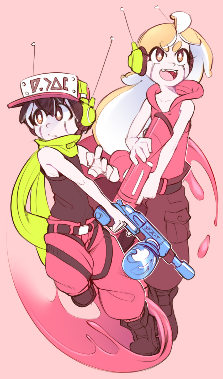 1boy 1girl :d absurdres antennae black_hair blonde_hair boots brown_eyes curly_brace doukutsu_monogatari drawfag facial_mark gun headset highres holding holding_gun holding_weapon inkling multiple_others open_mouth pants pink_background pink_pants quote scarf simple_background sketch sleeveless smile tentacle_hair weapon white_skin yellow_scarf