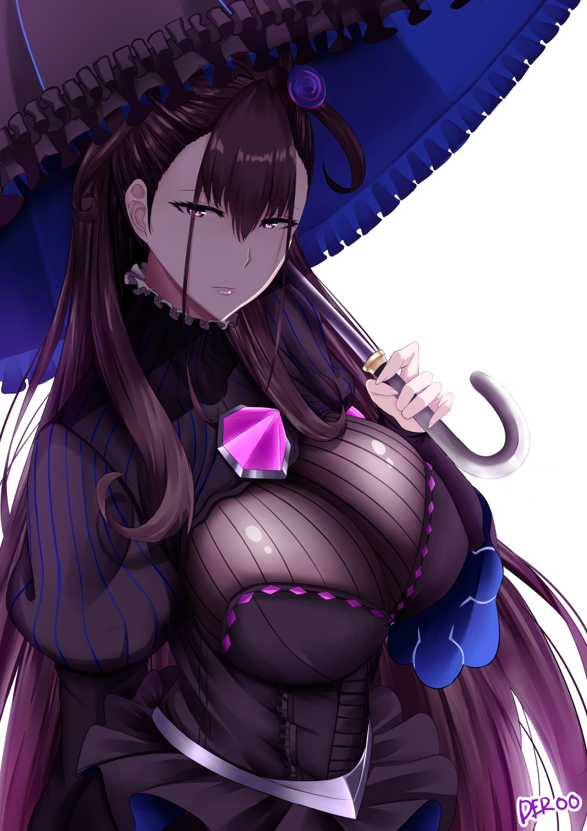 1girl absurdres artist_name black_dress breasts brown_hair deroo dress fate/grand_order fate_(series) hair_between_eyes hair_ornament highres holding holding_umbrella large_breasts long_hair long_sleeves murasaki_shikibu_(fate) puffy_sleeves simple_background solo umbrella upper_body very_long_hair violet_eyes white_background