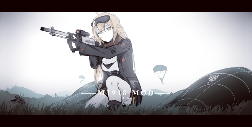 1girl absurdres ahoge aiming blonde_hair breasts brown_eyes cleavage commentary eyewear_on_head fingerless_gloves girls_frontline glasses gloves gun highres low-cut m1918_bar m1918_bar_(girls_frontline) machine_gun parachute rifle scarf scope sketch skirt smile thigh-highs weapon xiangzi_box
