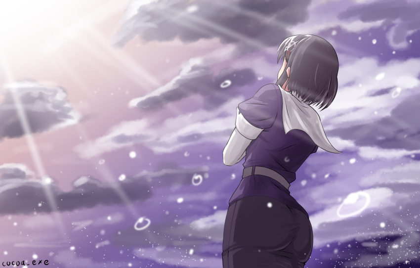 1girl after_rain ass back belt black_hair black_skirt blouse clouds cloudy_sky cocoa_(cocoa0191) cowboy_shot elbow_gloves gloves haguro_(kantai_collection) hair_ornament hands_on_own_chest kantai_collection looking_afar looking_up ocean outdoors pleated_skirt purple_blouse sailor_collar scenery short_hair short_sleeves skirt sky solo standing sun sunlight twitter_username water water_drop white_gloves white_sailor_collar