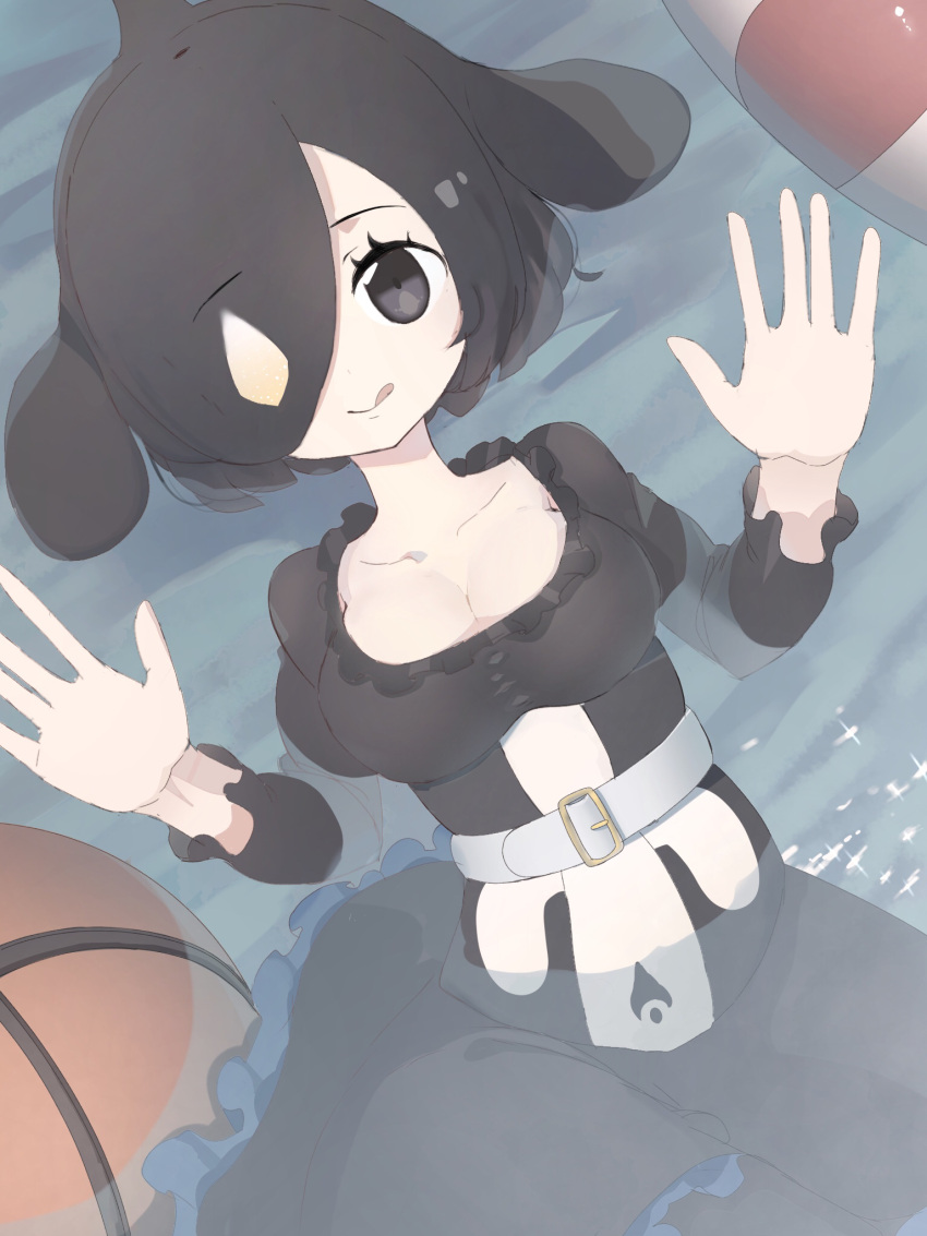1girl :q afloat bangs belt black_eyes black_hair blonde_hair breasts cleavage closed_mouth collarbone commentary_request dress eyebrows_visible_through_hair frilled_dress frills from_above hair_over_one_eye hands_up head_fins highres kemono_friends lifebuoy long_sleeves looking_at_viewer medium_breasts mochorinpun multicolored_hair muted_color orca_(kemono_friends) outstretched_hand parted_bangs partially_submerged short_hair smile solo tongue tongue_out two-tone_hair water white_hair