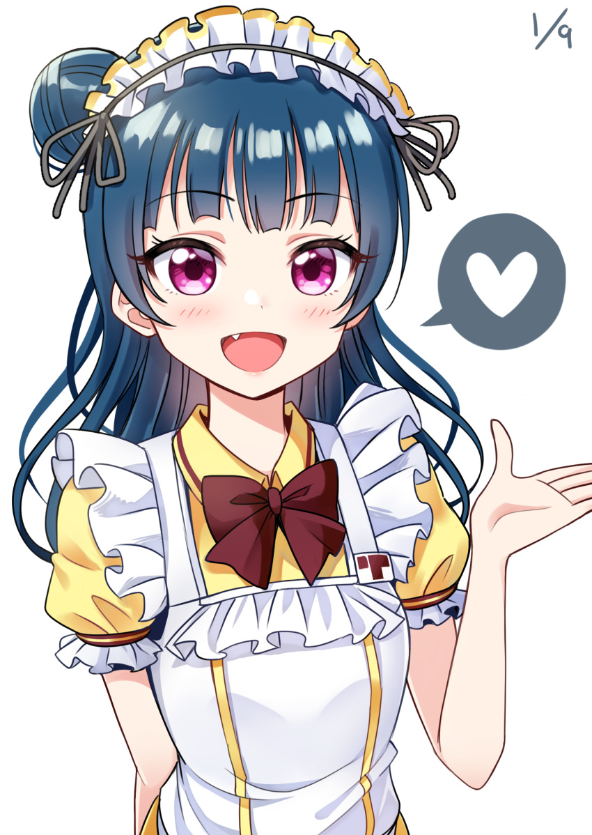 1girl :d apron bangs blue_hair blush bow bowtie brown_neckwear coco's collared_shirt dated deadnooodles fang frilled_sleeves frills hand_up heart highres love_live! love_live!_sunshine!! maid_headdress open_mouth shirt side_bun simple_background smile solo spoken_heart tsushima_yoshiko violet_eyes waitress white_apron white_background yellow_shirt