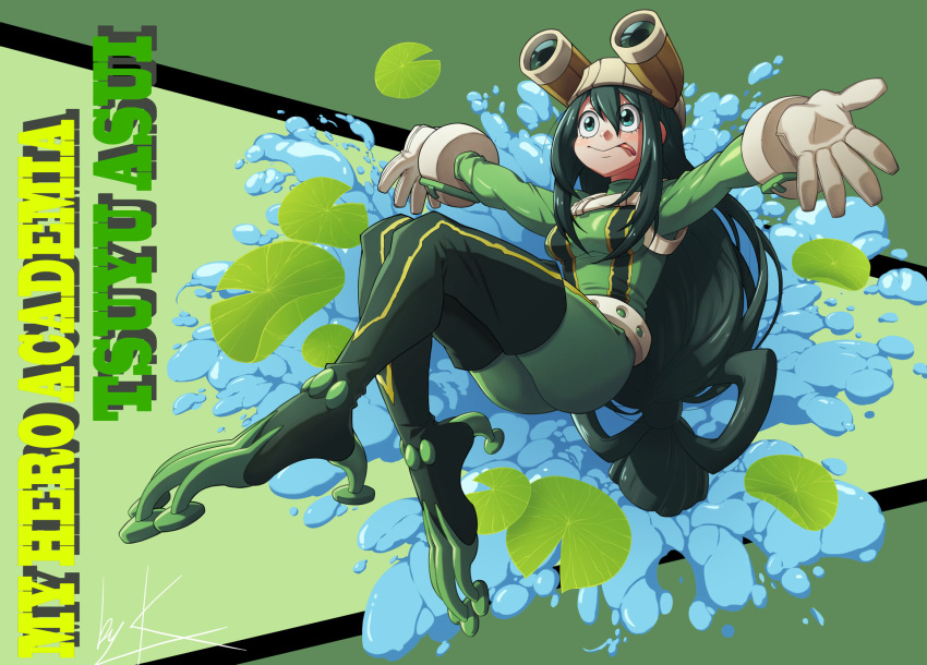 1girl asui_tsuyu bodysuit boku_no_hero_academia gloves green_hair highres jung_eui_jin long_hair tagme tongue very_long_hair water