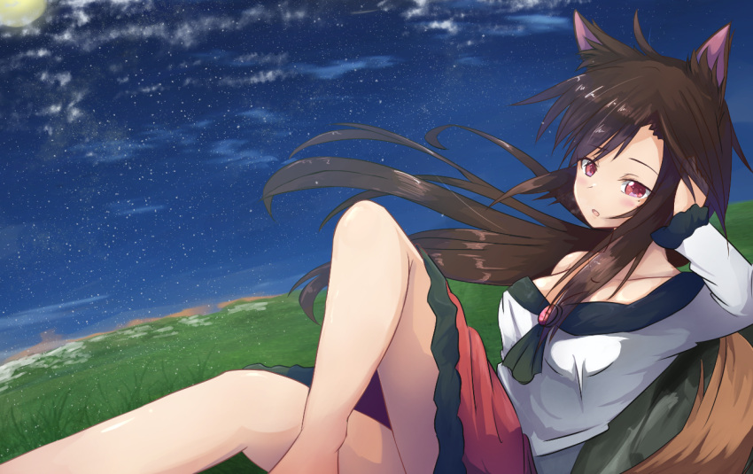 1girl animal_ears arm_up bangs barefoot blush breasts brooch brown_hair cleavage clouds collarbone expressionless feet_out_of_frame fireflies full_moon grass hair_blowing hand_in_hair head_in_hand hill himura_1129 imaizumi_kagerou jewelry knee_up long_hair long_sleeves looking_at_viewer medium_breasts moon night night_sky open_mouth outdoors outstretched_leg reclining red_eyes red_skirt rock shirt sitting skirt sky solo swept_bangs tail touhou very_long_hair white_shirt wind wolf_ears wolf_tail