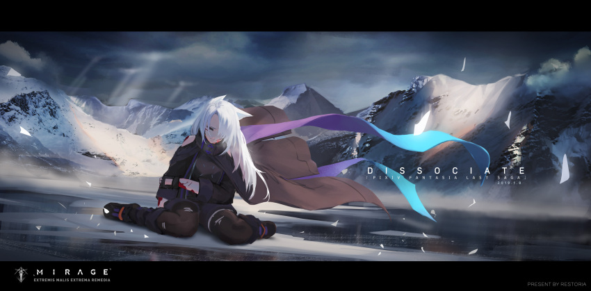 1girl absurdres animal_ears artist_name black_cape black_footwear black_gloves black_jacket black_jumpsuit blood brown_cape brown_legwear cape clouds cloudy_sky commentary dated fingerless_gloves gloves gradient gradient_cape highres ice jacket jumpsuit letterboxed long_hair long_sleeves mountain outdoors pixiv_fantasia pixiv_fantasia_1 pixiv_fantasia_last_saga shoes short_jumpsuit single_pantyhose single_thighhigh sitting sky solo storia thigh-highs wariza white_hair